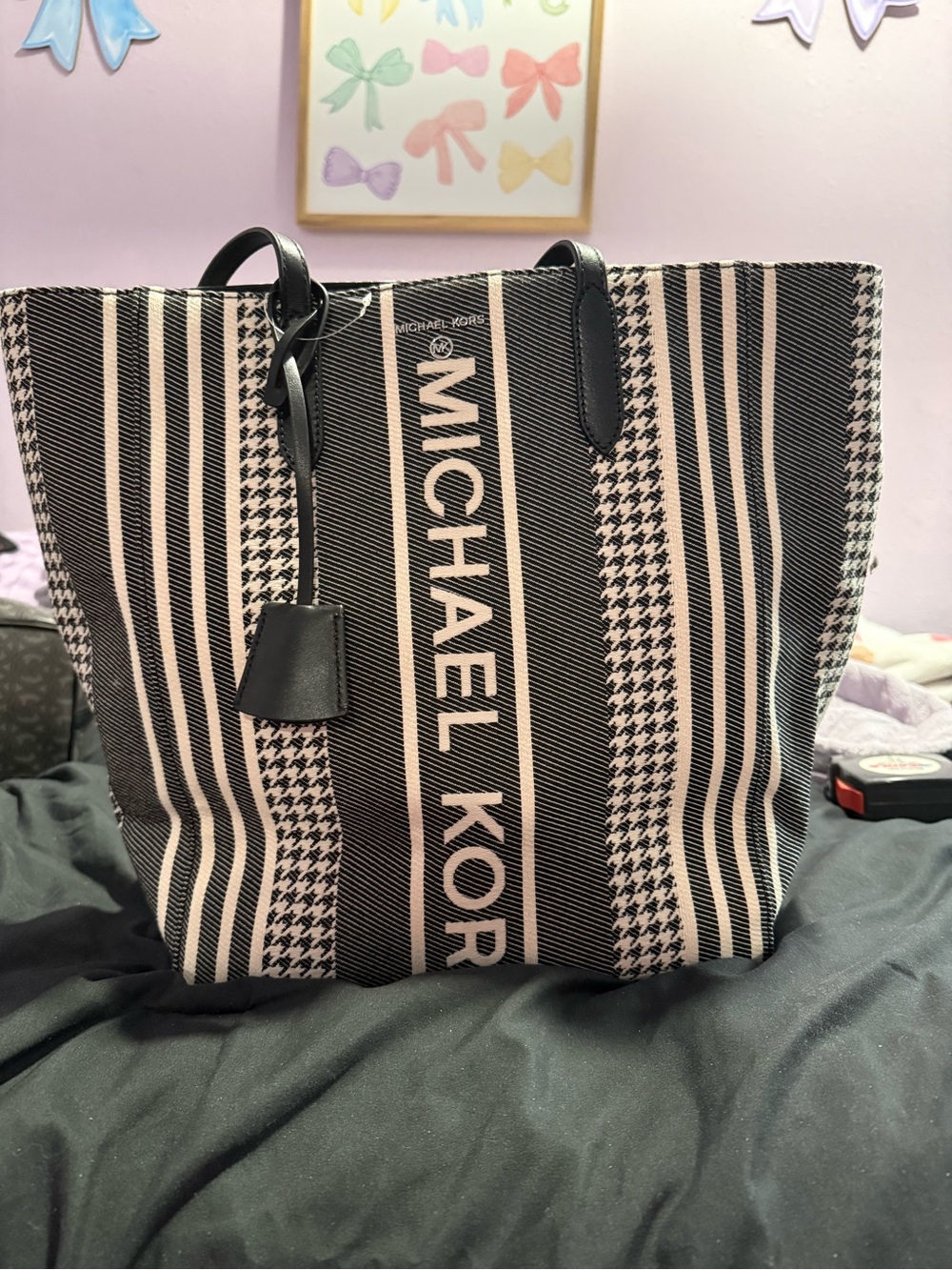 Michael Kors Black and Cream Striped Canvas Tote Bag